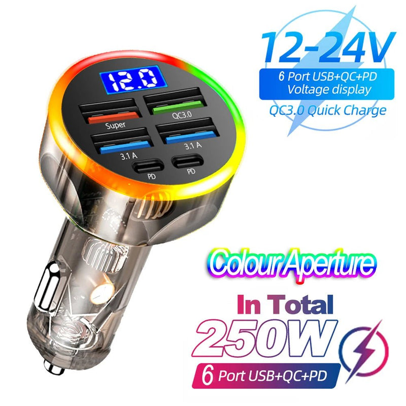 Danoz Smart - 66 - 250W PD Car Charger QC3.0 Fast Charge One to Six Car Cigarette Lighter Plug Car Charger Flash Charge with Digital Display - Buy 1 Get 1 Free - danozdirect