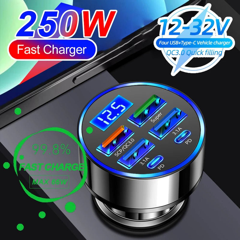 Danoz Smart - 66 - 250W PD Car Charger QC3.0 Fast Charge One to Six Car Cigarette Lighter Plug Car Charger Flash Charge with Digital Display - Buy 1 Get 1 Free - danozdirect