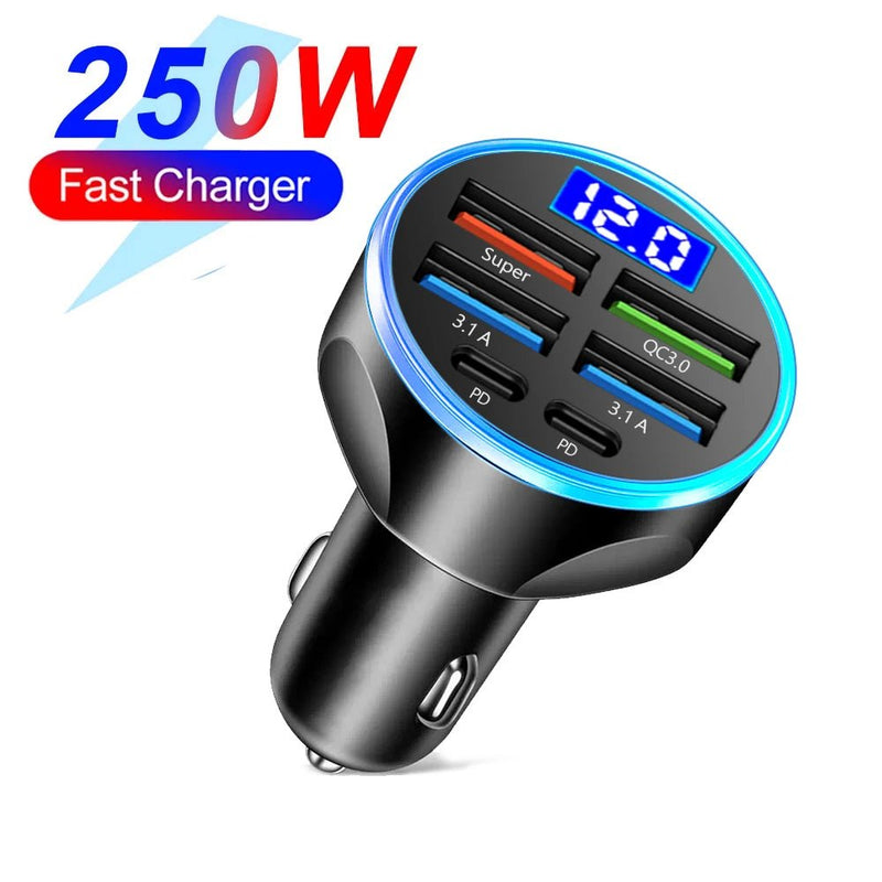 Danoz Smart - 66 - 250W PD Car Charger QC3.0 Fast Charge One to Six Car Cigarette Lighter Plug Car Charger Flash Charge with Digital Display - Buy 1 Get 1 Free - danozdirect