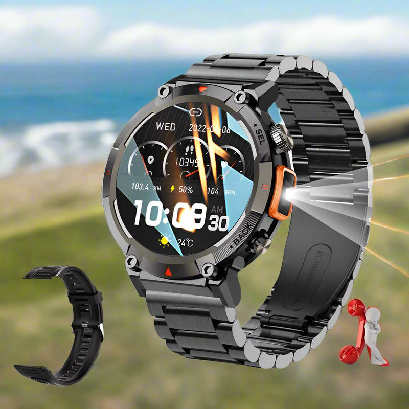 Danoz Smart - Black - orange Steel Belts Outdoor Smartwatch with 1.45 - Inch HD Round Screen and Flashlight - danozdirect
