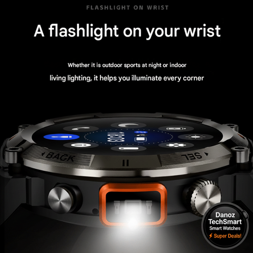 Danoz Smart - Black - red Outdoor Smartwatch with 1.45 - Inch HD Round Screen and Flashlight - danozdirect
