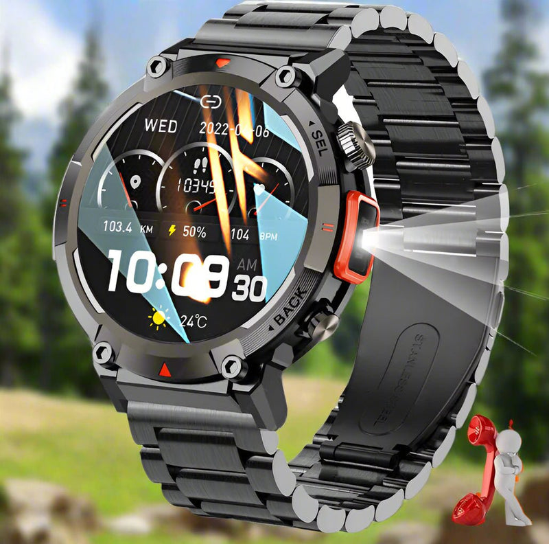 Danoz Smart - Black - red Steel Belts Outdoor Smartwatch with 1.45 - Inch HD Round Screen and Flashlight - danozdirect