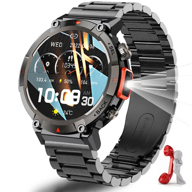 Danoz Smart - Black - red Steel Belts Outdoor Smartwatch with 1.45 - Inch HD Round Screen and Flashlight - danozdirect