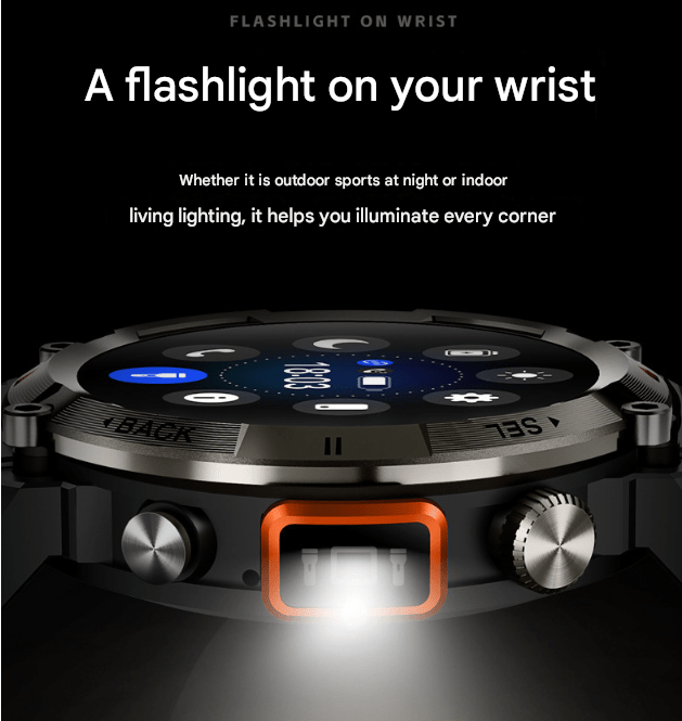 Danoz Smart - Black Steel Belts Outdoor Smartwatch with 1.45 - Inch HD Round Screen and Flashlight - danozdirect