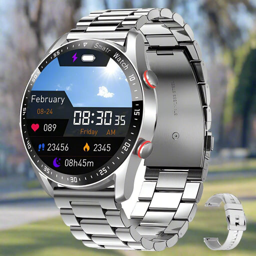 Danoz Smart - Silver Silicone +22MM Silver Mitsubishi Steel Strip Business Smartwatch with ECG and PPG Monitoring and Stainless Steel Strap - danozdirect