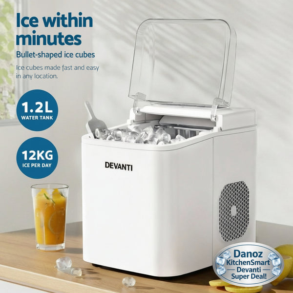 Danoz SmartAppliances, Devanti Ice Maker Machine Portable 12kg Countertop w/Self Cleaning 1.2L White - danozdirect