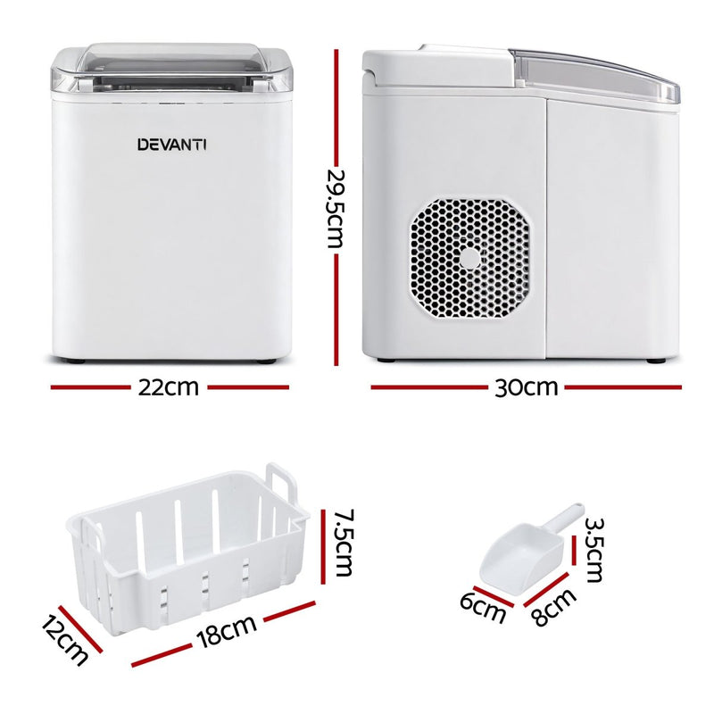 Danoz SmartAppliances, Devanti Ice Maker Machine Portable 12kg Countertop w/Self Cleaning 1.2L White - danozdirect