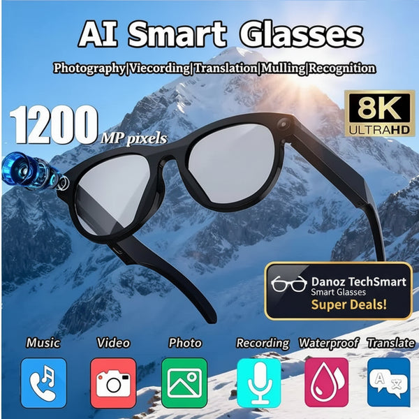 Danoz SmartGlasses - AI Smart Glasses 8K HD 1200MP Pixel Camera Video AI ChatGPT Translation Bluetooth Call Voice Assistant Music. - danozdirect