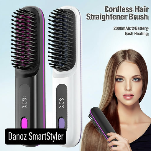 Danoz SmartStyler Cordless Hair Straightener Brush: USB Rechargeable, Dual 2000mAh batteries for long - lasting power, fast heating, creates smooth styles anytime, anywhere. - danozdirect