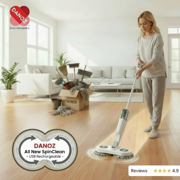 Woman using a Danoz spin clean device on a wooden floor in a living room.