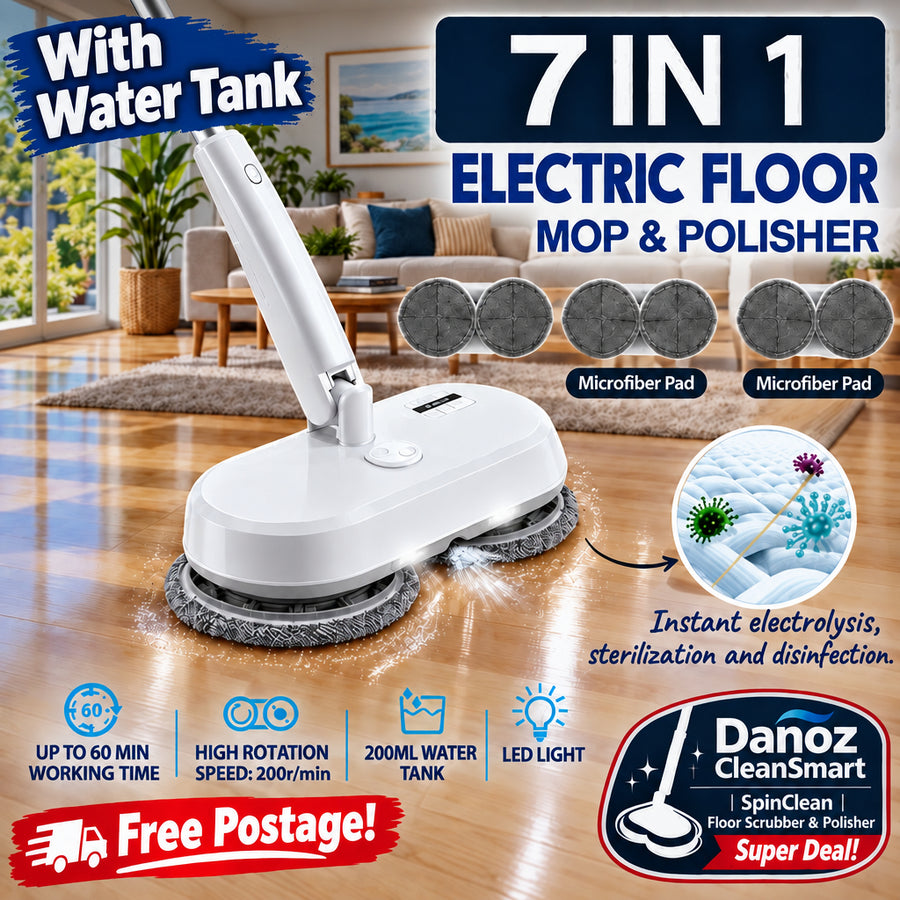 Danoz SpinClean - Cordless USB Rechargeable spin Mop Cleaner 5In1 Floor Polisher Sweeper Washer Scrubber + Free 6 x Microfiber Pads! - danozdirect