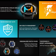 Danoz SuperSmartWatch ⌚ Retina AMOLED Display Long Battery Life Water Resistant 3ATM 24H Health Management - danozdirect