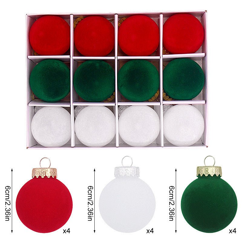 Danoz Xmas - 12 - Piece Velvet Christmas Ornament Set - Classic Red, Green, and White Baubles for Holiday Tree Decoration (6cm) - danozdirect