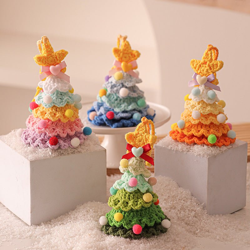 Danoz Xmas - 2 Pcs Style A Yellow and Pink Handmade Crochet Christmas Tree Ornament - Festive Hanging Decoration with Jingle Bell - danozdirect