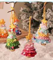 Danoz Xmas - 2 Pcs Style A Yellow and Pink Handmade Crochet Christmas Tree Ornament - Festive Hanging Decoration with Jingle Bell - danozdirect