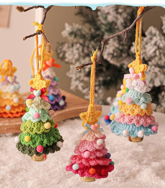 Danoz Xmas - 2 Pcs Style A Yellow and Pink Handmade Crochet Christmas Tree Ornament - Festive Hanging Decoration with Jingle Bell - danozdirect