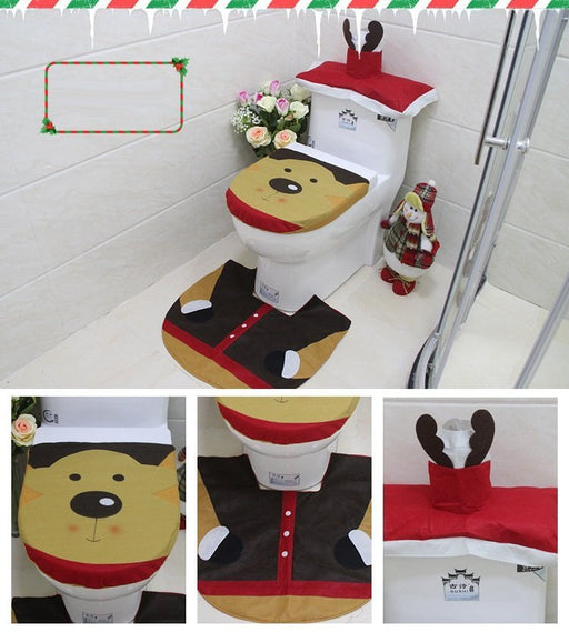 Danoz Xmas - 4pcs Christmas Toilet Seat Cover Rug Bathroom Set Santa Snowman Xmas Home Décor, Reindeer - danozdirect
