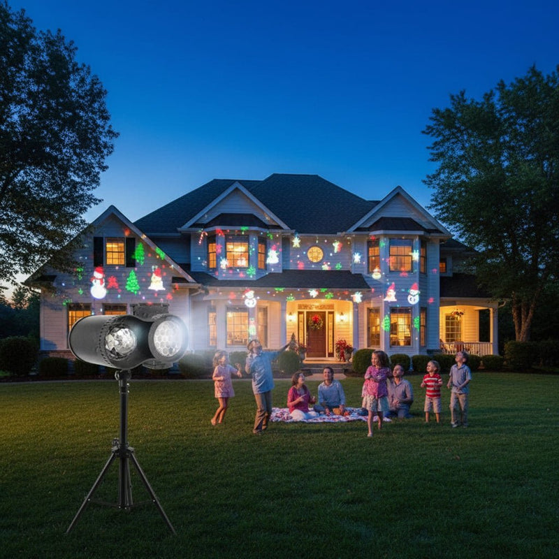 Danoz Xmas - Bracket Outdoor Waterproof Lawn Dual - Tube Projection Light – LED Halloween & Christmas Dynamic Water Ripple Animation, Replaceable 12 Slides, Stake or Stand Mountable - danozdirect