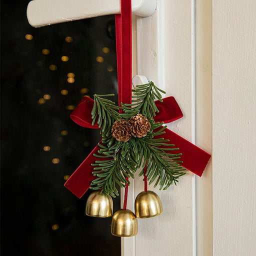 Danoz Xmas🎅 Christmas Door Hanging Ornament with Pinecones, Bells, and Red Ribbon – 16x11cm Festive Decor（2 PCS）） - danozdirect