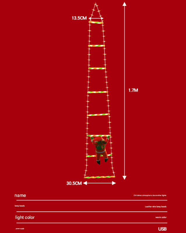 Danoz Xmas - Festive Climbing Santa LED Ladder Light - USB Powered Outdoor Christmas Hanging Decoration with Remote(1.7m) - danozdirect