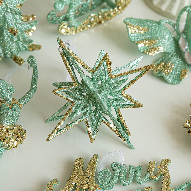 Danoz Xmas🎅 Green Glitter 3D Star Ornament with Gold Accents - Hanging Christmas Decoration 5 pieces - danozdirect