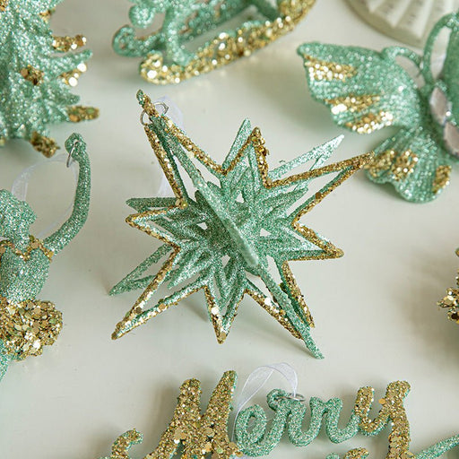 Danoz Xmas🎅 Green Glitter 3D Star Ornament with Gold Accents - Hanging Christmas Decoration 5 pieces - danozdirect