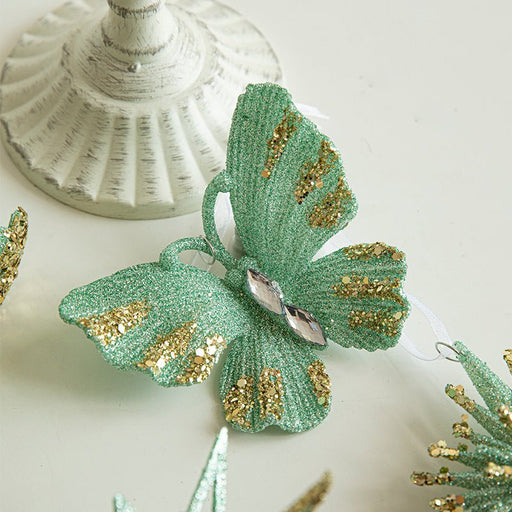 Danoz Xmas - Green Glitter Butterfly Christmas Ornament with Gold Accents - Hanging Holiday Decoration 5 pieces - danozdirect