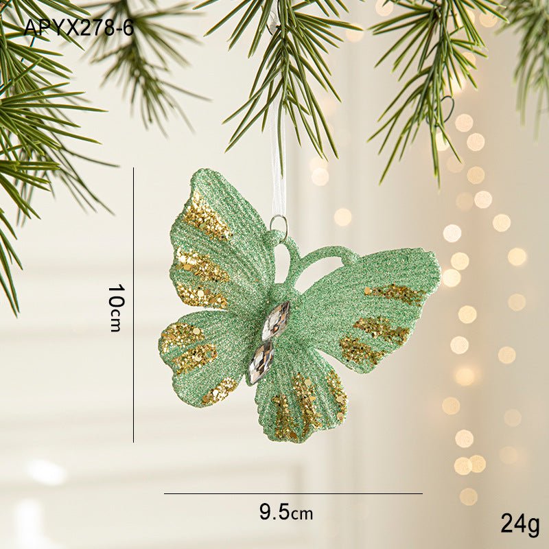 Danoz Xmas - Green Glitter Butterfly Christmas Ornament with Gold Accents - Hanging Holiday Decoration 5 pieces - danozdirect