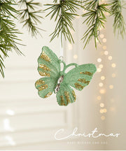 Danoz Xmas - Green Glitter Butterfly Christmas Ornament with Gold Accents - Hanging Holiday Decoration 5 pieces - danozdirect