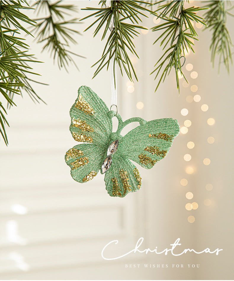Danoz Xmas - Green Glitter Butterfly Christmas Ornament with Gold Accents - Hanging Holiday Decoration 5 pieces - danozdirect