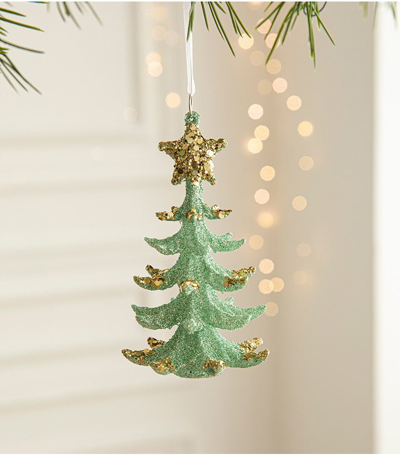 Danoz Xmas - Green Glitter Christmas Tree Ornament with Gold Star Top - Hanging Festive Decoration 5 pieces - danozdirect