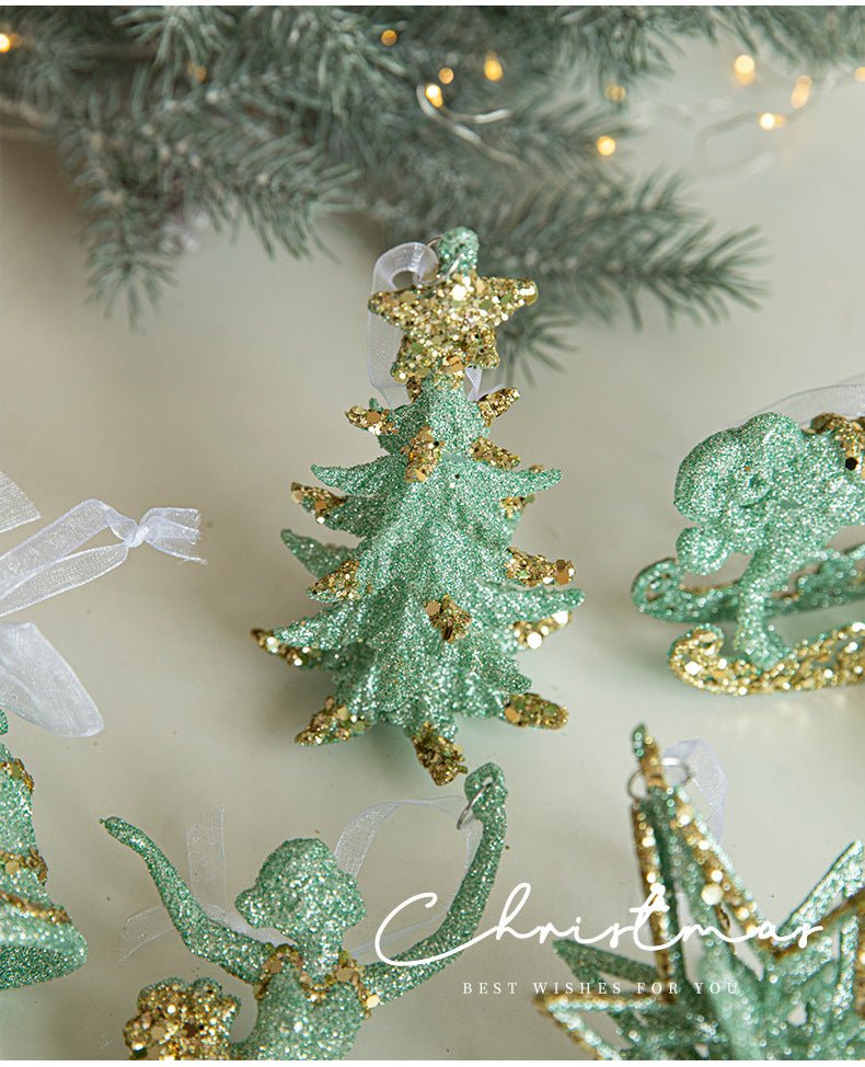 Danoz Xmas - Green Glitter Christmas Tree Ornament with Gold Star Top - Hanging Festive Decoration 5 pieces - danozdirect