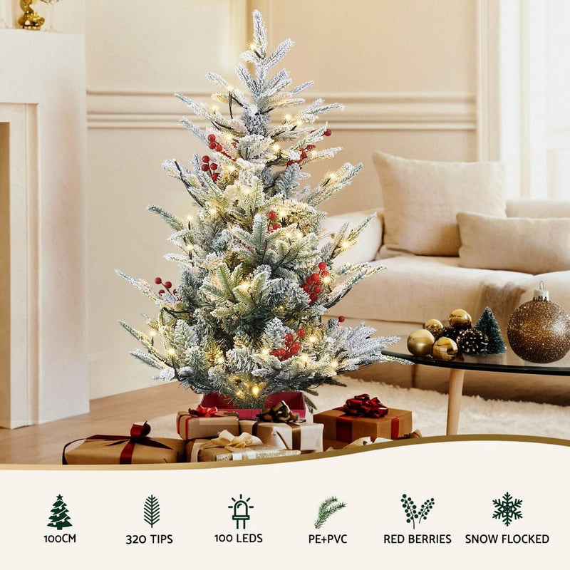 Danoz Xmas - Jingle Jollys Christmas Tree 1M LED Potted Xmas Party Decor Red Barries Flocked - danozdirect