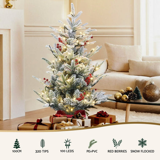 Danoz Xmas - Jingle Jollys Christmas Tree 1M LED Potted Xmas Party Decor Red Barries Flocked - danozdirect