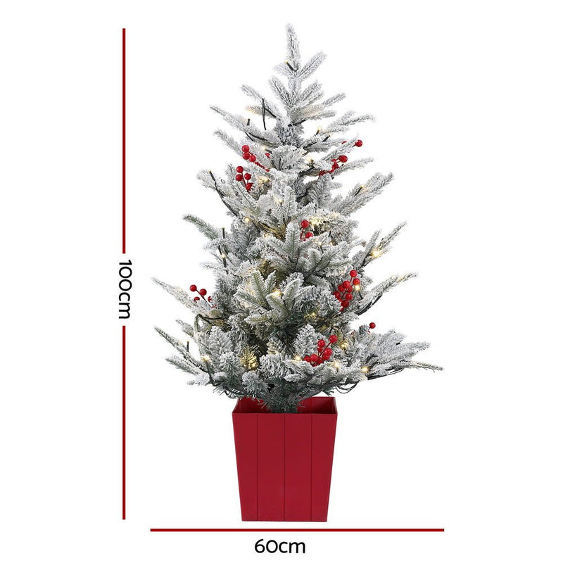 Danoz Xmas - Jingle Jollys Christmas Tree 1M LED Potted Xmas Party Decor Red Barries Flocked - danozdirect
