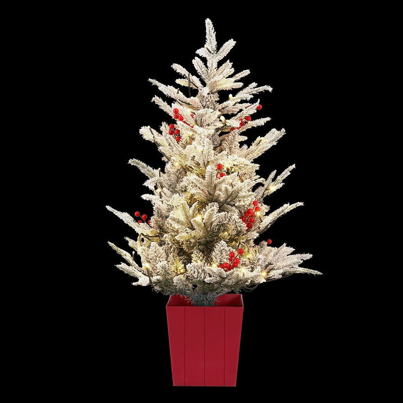 Danoz Xmas - Jingle Jollys Christmas Tree 1M LED Potted Xmas Party Decor Red Barries Flocked - danozdirect