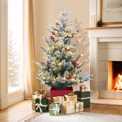 Danoz Xmas - Jingle Jollys Christmas Tree 1M LED Potted Xmas Party Decor Red Barries Flocked - danozdirect