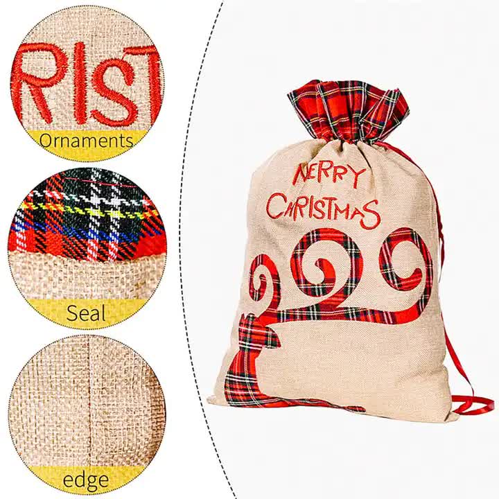 Danoz Xmas - Large Merry Christmas Drawstring Gift Bag with Plaid Accents - Perfect for Holiday Presents (3 pieces) - danozdirect