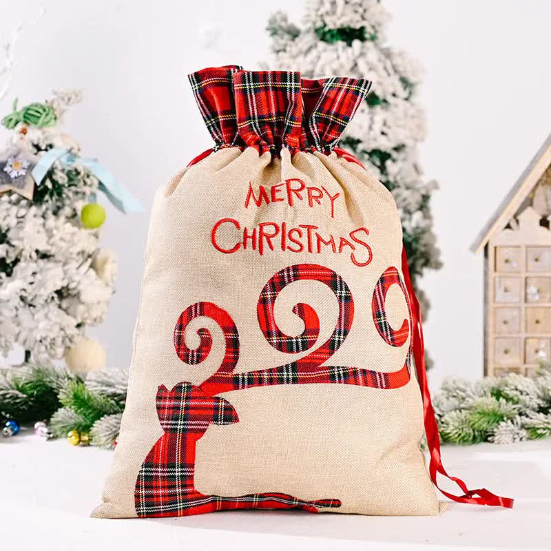 Danoz Xmas - Large Merry Christmas Drawstring Gift Bag with Plaid Accents - Perfect for Holiday Presents (3 pieces) - danozdirect