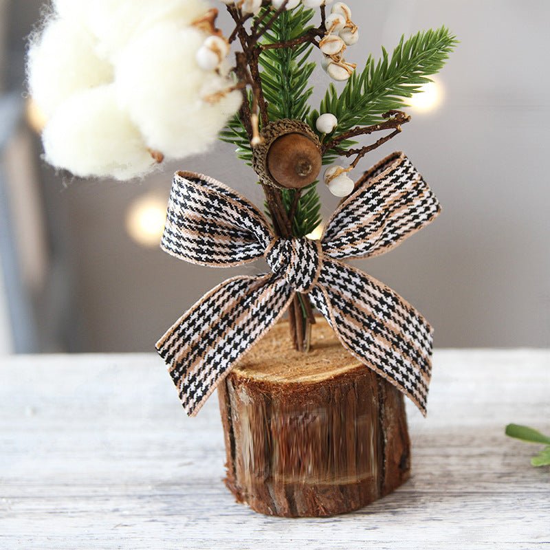 Danoz Xmas - Mini Rustic Christmas Tree Decoration – 9.84 Inches Tall with Cotton and Plaid Bow Accents (4 trees) - danozdirect
