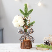 Danoz Xmas - Mini Rustic Christmas Tree Decoration – 9.84 Inches Tall with Cotton and Plaid Bow Accents (4 trees) - danozdirect