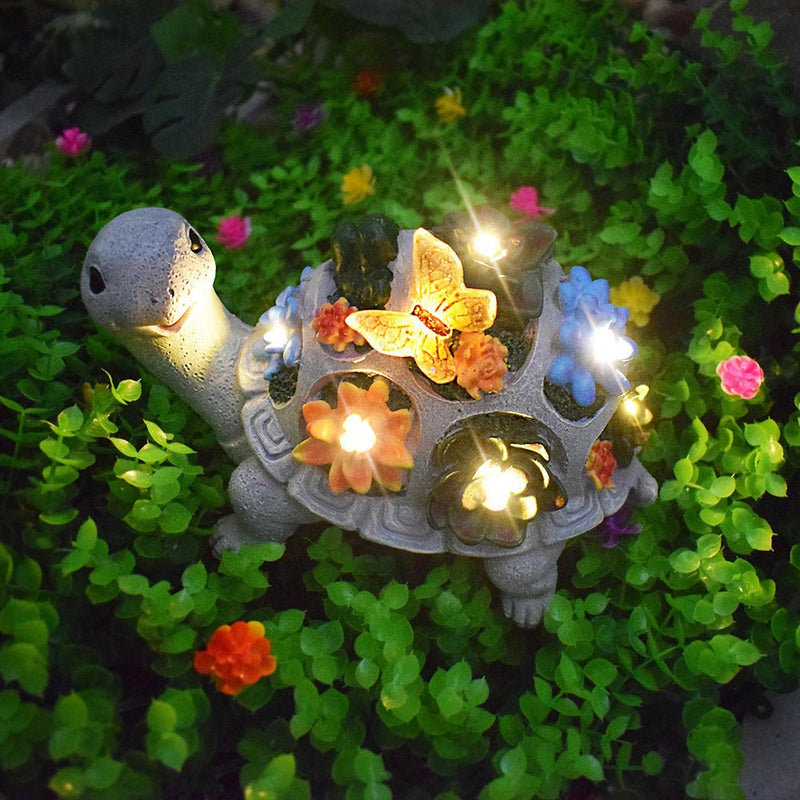 Danoz Xmas - Turtle and Butterfly Charming Solar - Powered Animal Garden Statue - Waterproof Resin Figurine with Glowing LED Accents - danozdirect