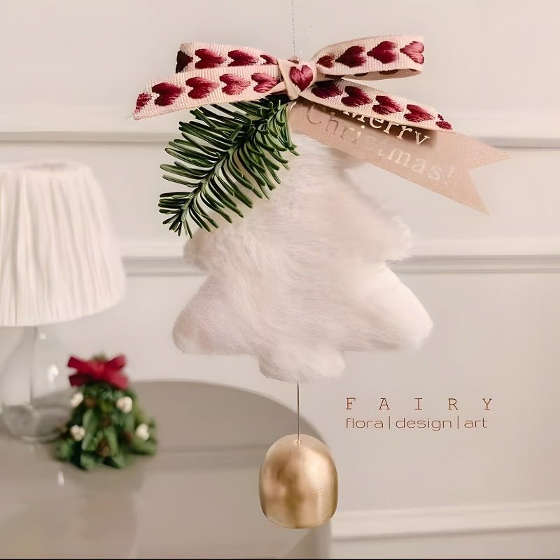 Danoz Xmas - White Velvet Christmas Tree Ornament with Golden Bell and Ribbon - Elegant Holiday Decor (5 pieces) - danozdirect
