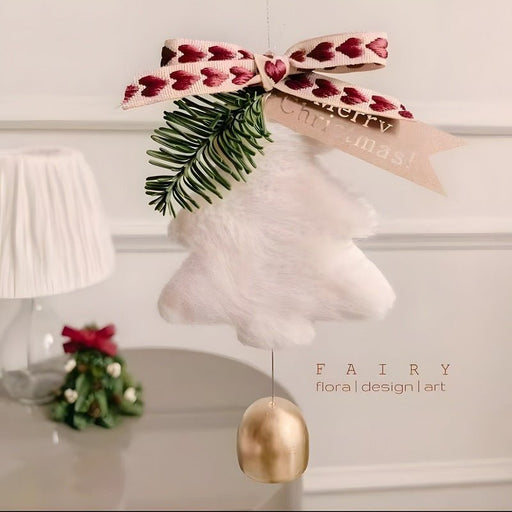 Danoz Xmas - White Velvet Christmas Tree Ornament with Golden Bell and Ribbon - Elegant Holiday Decor (5 pieces) - danozdirect