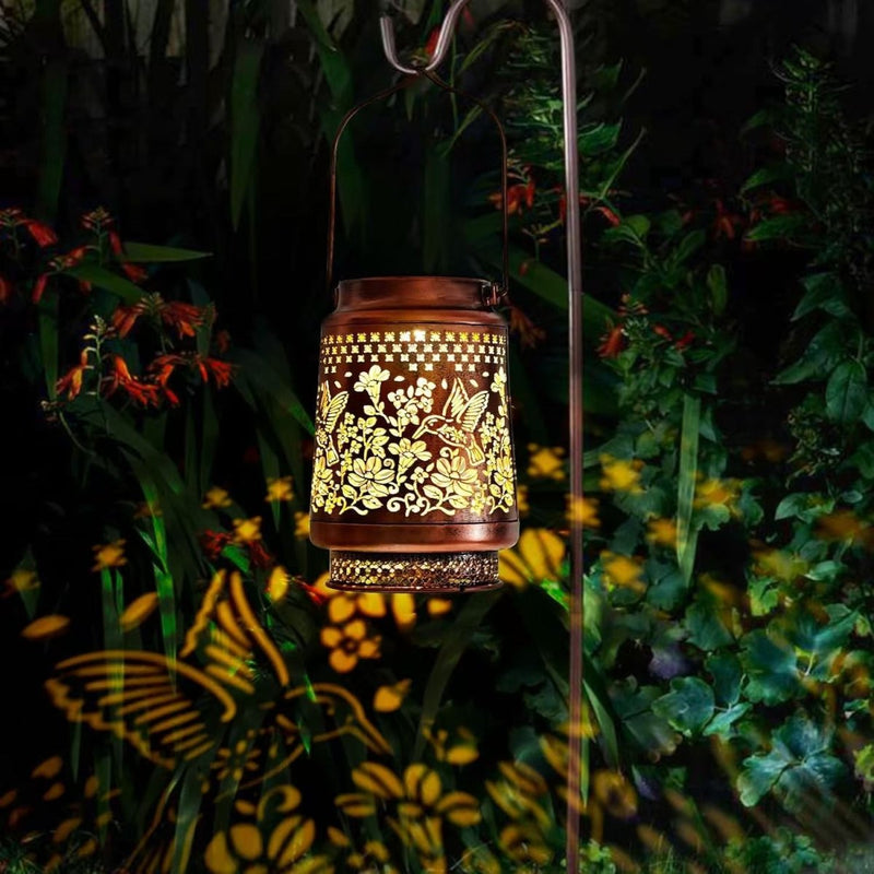 Decorative Solar Hummingbird Lantern(11x11x17CM) - Waterproof Hanging Iron Art Outdoor Projection Light for Garden and Patio (Up to 12 Hrs Illumination) - danozdirect