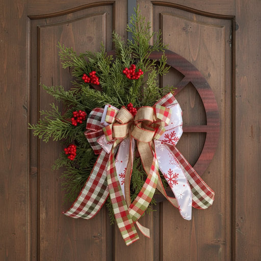 Decorative Wooden Wagon Wheel Wreath with Seasonal Flowers and Bows - Christmas Decorative Door Hanging 40CM - danozdirect