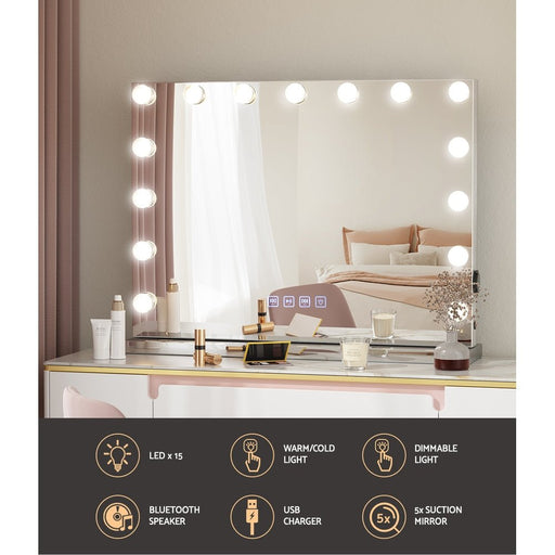Embellir Bluetooth Makeup Mirror 58X46cm Hollywood with Light Dimmable 15 LED - danozdirect