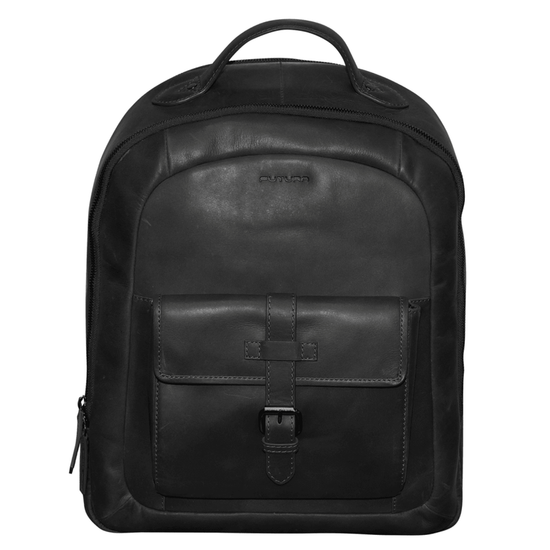 Futura Mens Leather Laptop Backpack School Shoulder Bag Front Pocket - Black - danozdirect