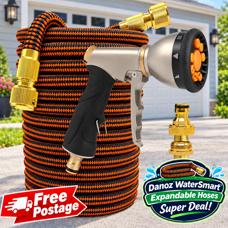 A green expandable garden hose coiled in a driveway, with a silver and black spray nozzle, gold connectors, and a separate loose connector shown beside it. A garage and landscaped yard are visible in the background, and promotional text badges read 'Free Postage' and 'Danoz WaterSmart Expandable Hoses Super Deal!'.