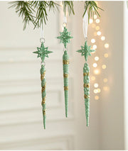 Green Glitter Icicle Christmas Ornaments with Star Tops - Set of 3 Hanging Decorations（5 set in total） - danozdirect